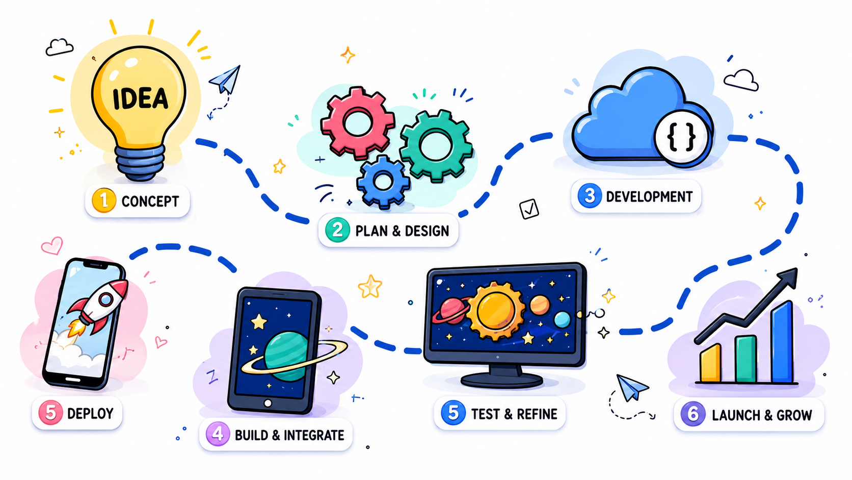 Our development workflow from concept to launch: 1) Concept, 2) Plan and design, 3) Development, 4) Build and integrate, 5) Test and refine, 6) Deploy, then launch and grow.