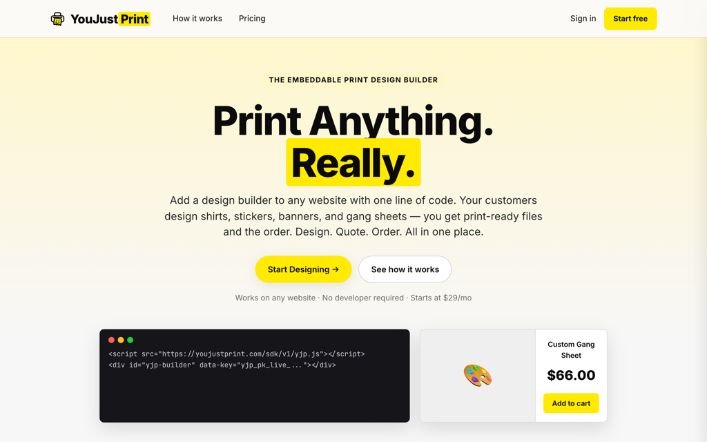 Live preview of the You Just Print website